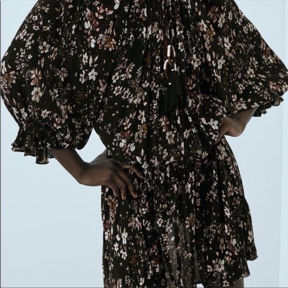 ZARA Black Mini Floral Printed Dress Size Medium - Picture 3 of 10